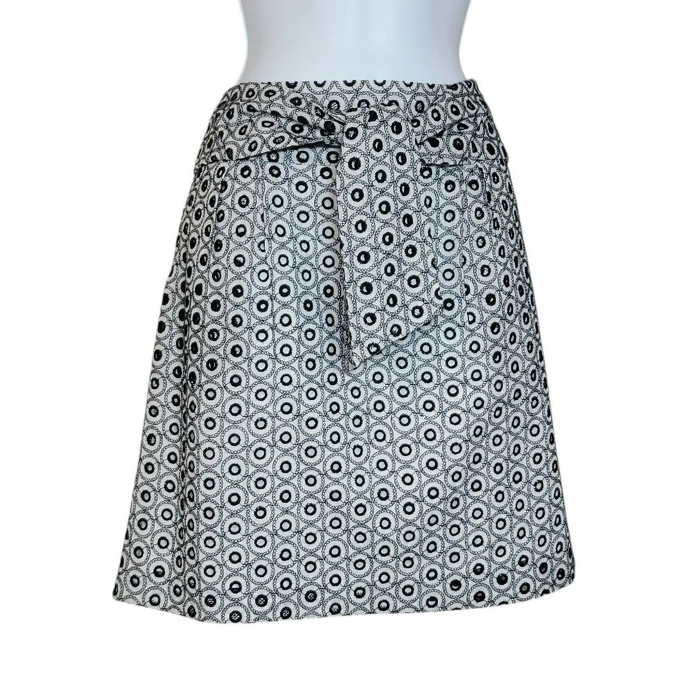 Grace Pencil Skirt, Women 8, White & Block, Circular & Eyelet Print, Belted, EUC